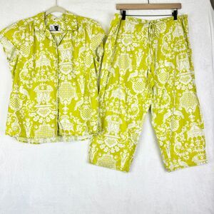 The Cat's Pajamas Toile Capri Pajama Set Size Large Lime Green White Cotton